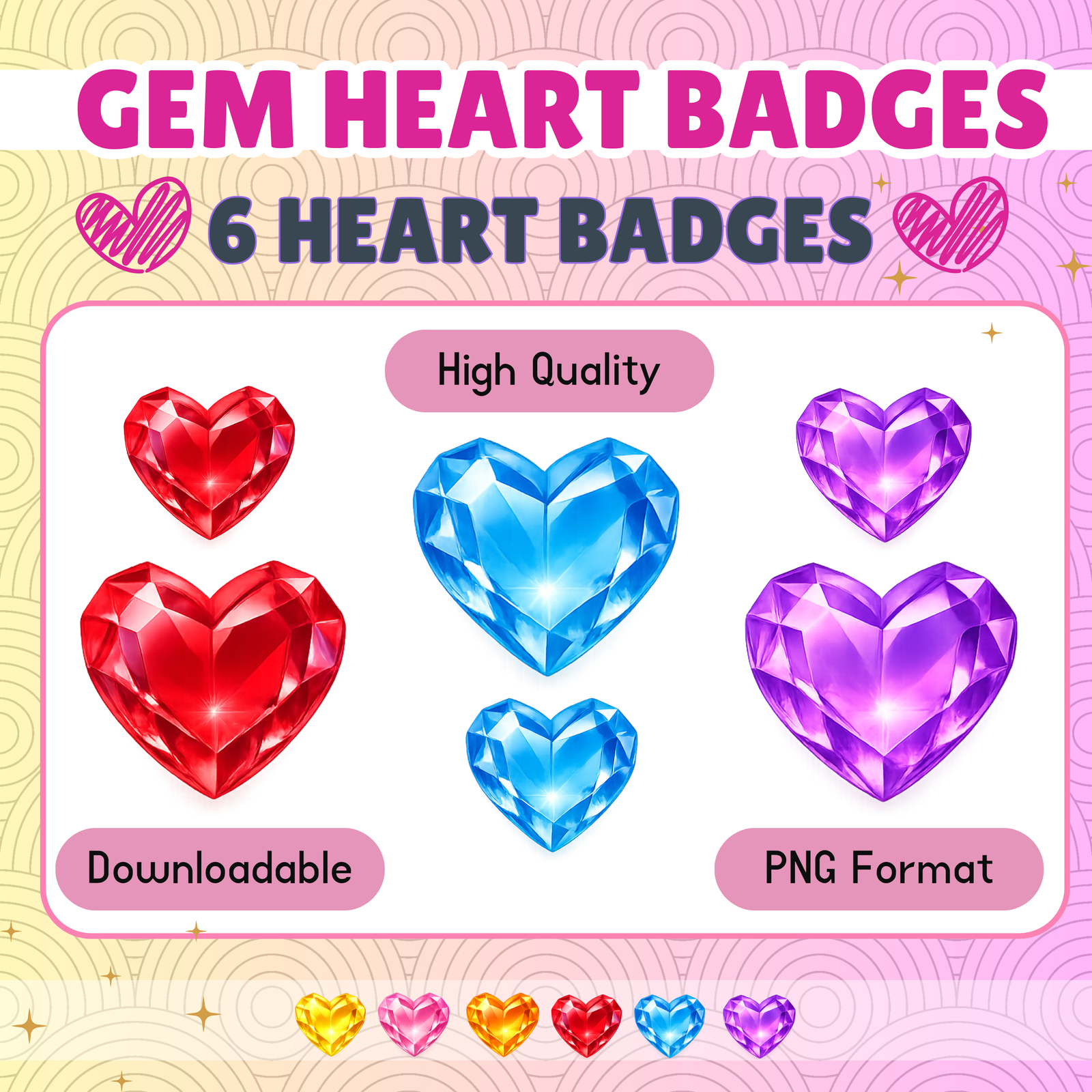 6x Gem Heart Badges for Streamers/Vtubers/Gamers